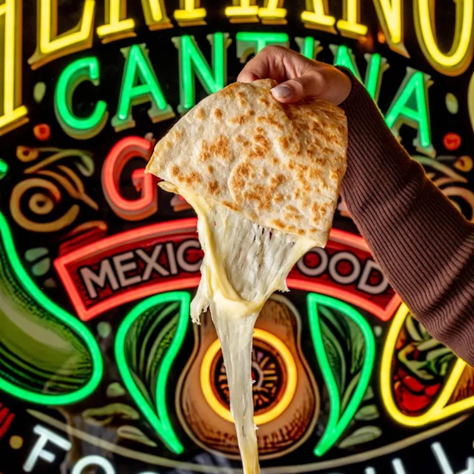 Hand holding a cheesy quesadilla with melted cheese stretching against a neon sign background.