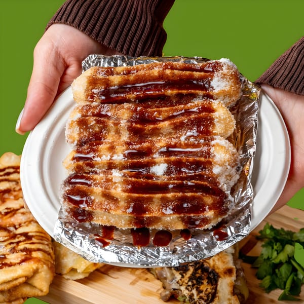 Hands holding a white plate of churros drizzled with chocolate sauce and powdered sugar.