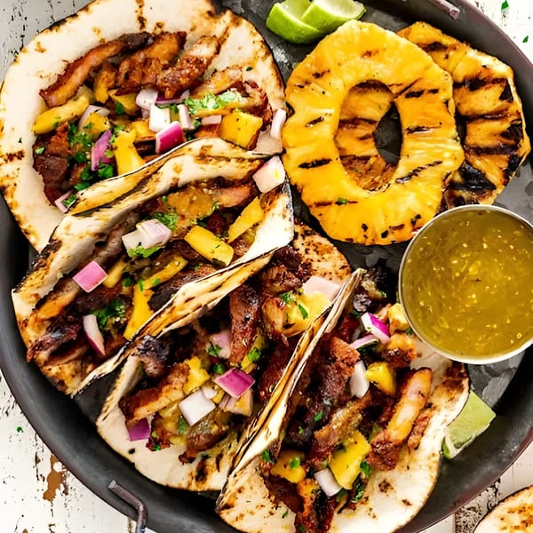 Four Hermanos Cantina Grill tacos with grilled pineapple, salsa verde, and lime wedges.